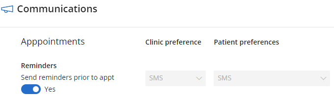 Turn appointment reminders on in the communications section of the Practice and Locations screen.