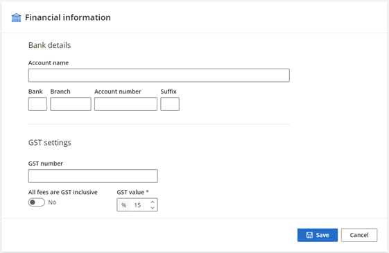 Enter your invoice information, bank details, and GST settings.