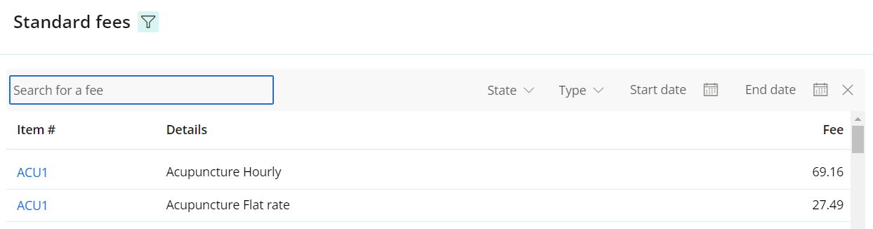 You can search for ACC fees by number or description.