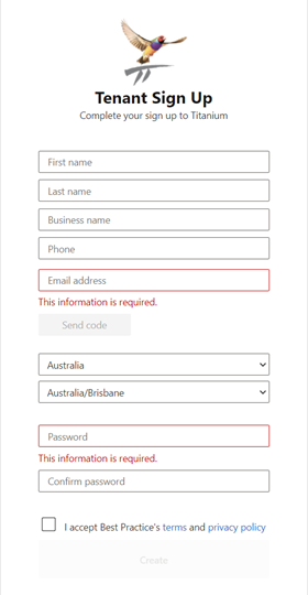 The tenant sign up screen