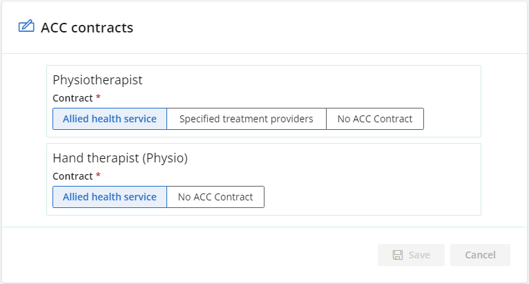 ACC contract details for Physiotherapy and Hand therapy (Physio)