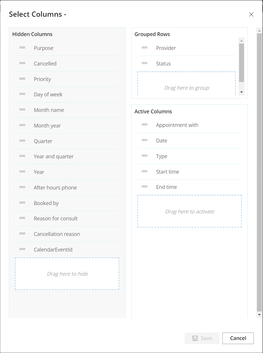 Use the Select Columns screen to add and remove columns in reports