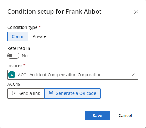 You can send an ACC 45 form when setting up a condition for a patient.