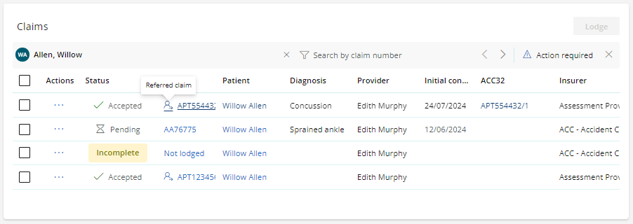 Referred claims will have the referred icon next to the claim number.