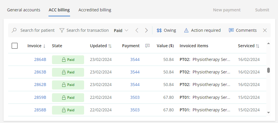 ACC paid invoices