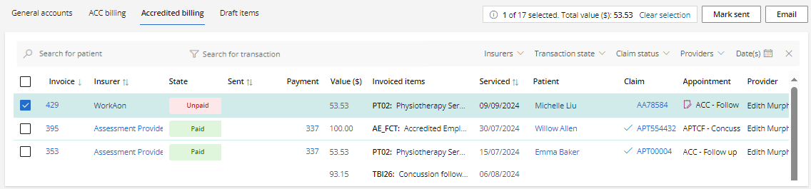 Accredited billing tab of the Finance menu options.