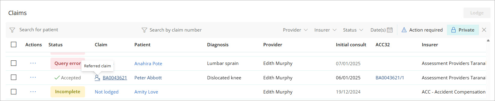 Referred claims will have the referred icon next to the claim number.