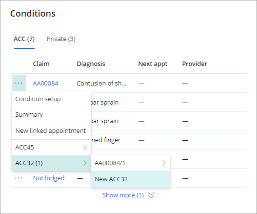 Create a new ACC32 from the Conditions card of the patient record