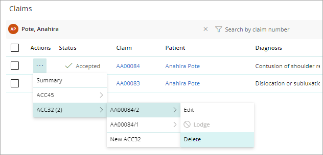Delete an ACC32 from the Claims screen.