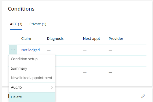 Delete an ACC claim from the Conditions card of the patient profile.