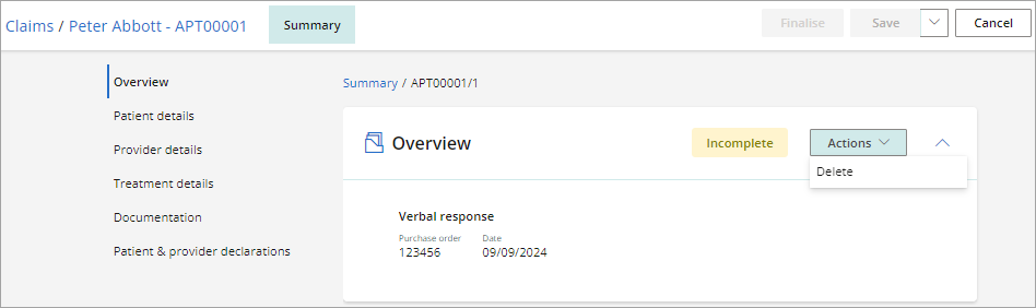 Verbal response details recorded on the Overview card of the ACC32.