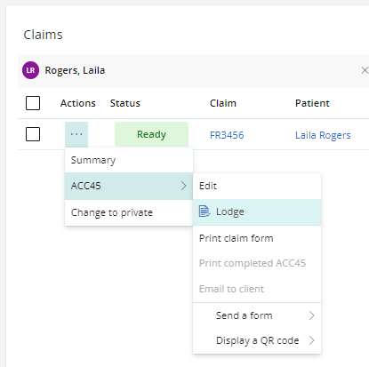 Lodge a claim from the actions button