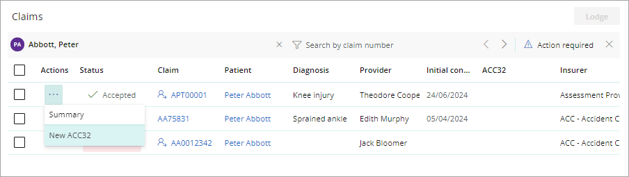 Create a new ACC32 claim from the ellipses menu in the ACC Claims screen.