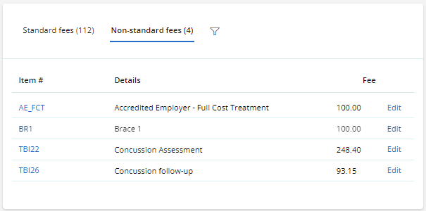 Select the Edit link next to the non-standard fee to update.