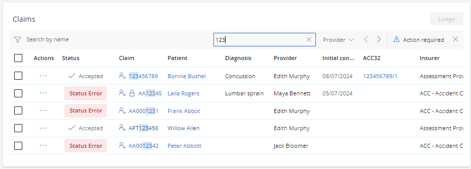 Filter by claim number