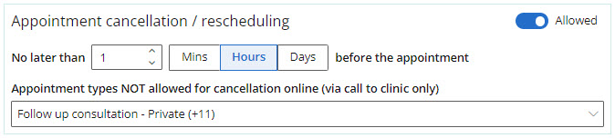 Shows the allocated time a patient can cancel their appointment before its booking