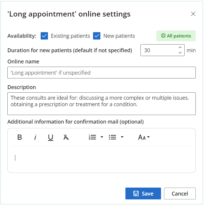 Image that shows the details of an appointment type
