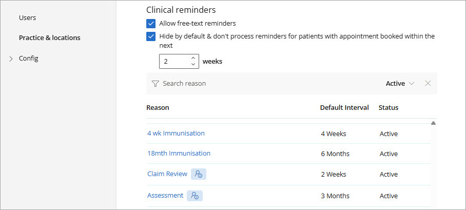 The clinical reminders settings on the practice and locations screen