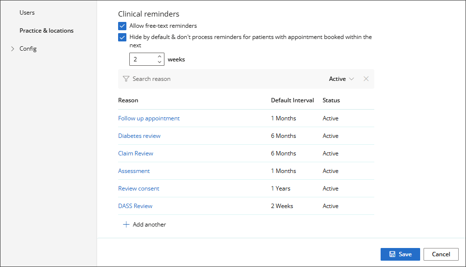 The clinical reminders settings on the practice and locations screen