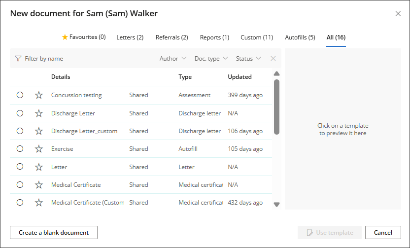 Select a template and click Use template, or click create blank document to create a new letter