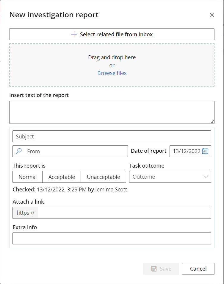 Add investigation reports directly to the clinical record via the Investigations section.