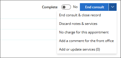 Click End consult to view billing options, including Add or update services.