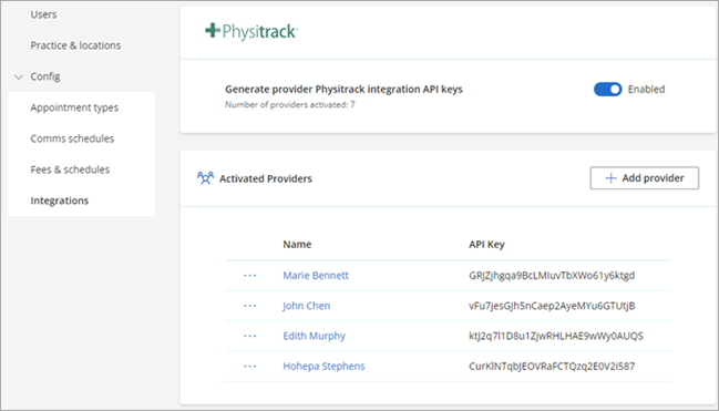 Physitrack integration configuration settings in Bp Omni.