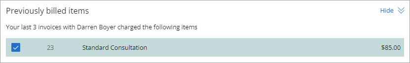 The previously billed items section of an invoice showing more information such as price