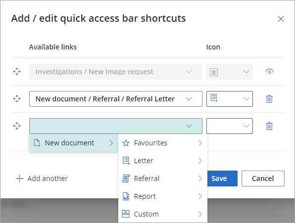 Add or edit quick access bar shortcuts