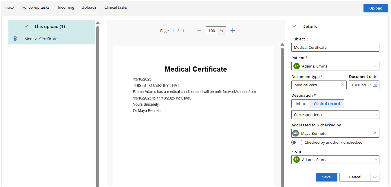 Add details for the uploaded document via the details panel