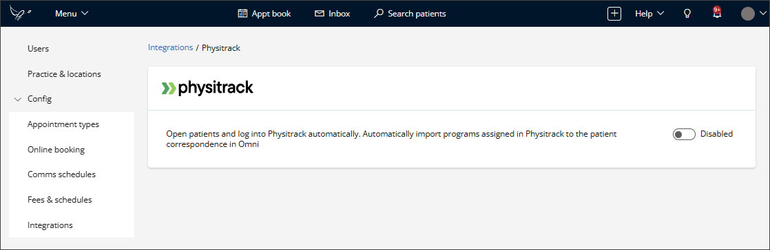 Physitrack integration configuration settings in Bp Omni.