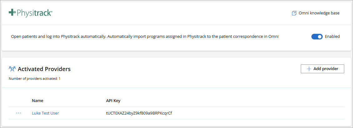 Physitrack integration configuration settings in Bp Omni.