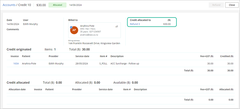 Refund link from the allocated credit details screen.