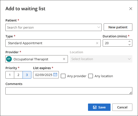 The Add to waiting list screen.