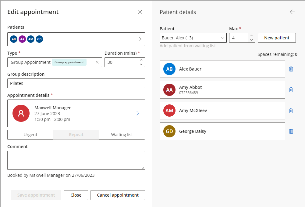 The edit group appointment window that appears when selecting edit from the appointment