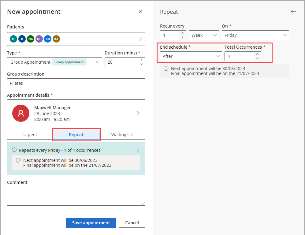 This image shows the highlighted 'Repeat' button in the new appointment window