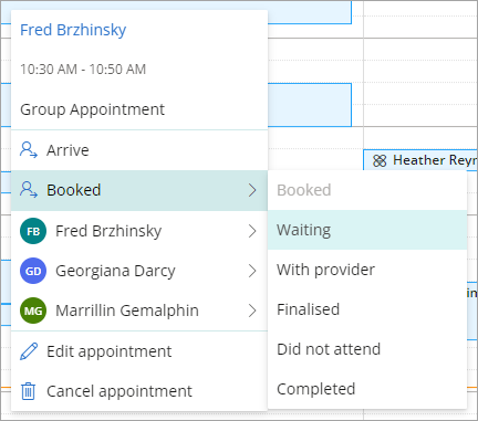 The context menu that appears when right-clicking a group appointment.