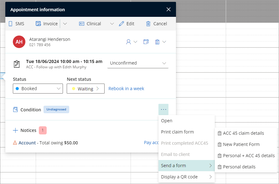 Send an ACC45 form from the appointment information modal.