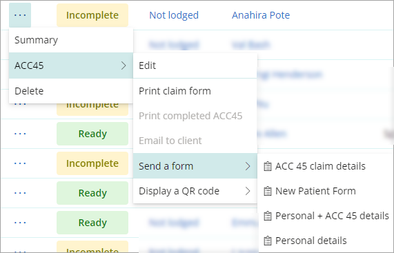 Send an ACC45 form from the ACC Claims screen.