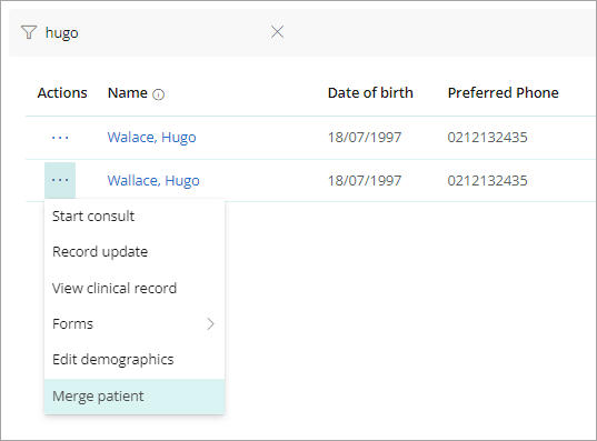 Dropdown option from a patient showing the 'Merge patient' option