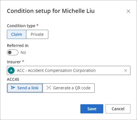 You can send an ACC 45 form when setting up a condition for a patient.