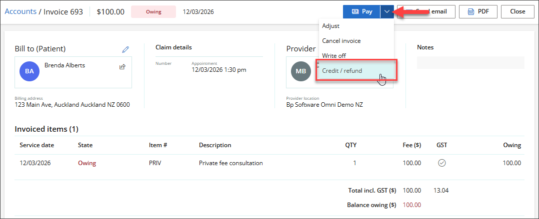 Credit an owing invoice