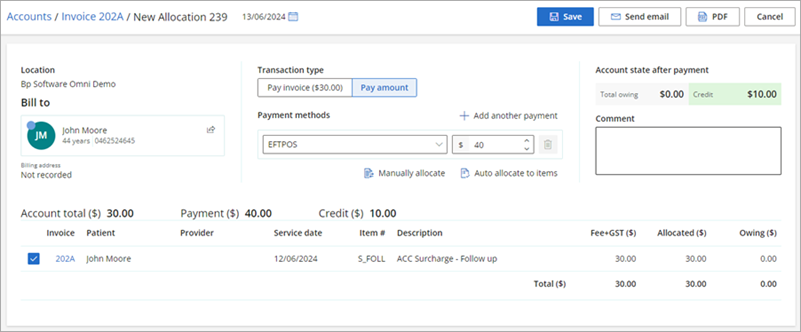 Create a credit by overpaying an owing invoice