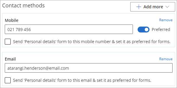 Send the personal details form and set as a default when adding a new email or SMS.