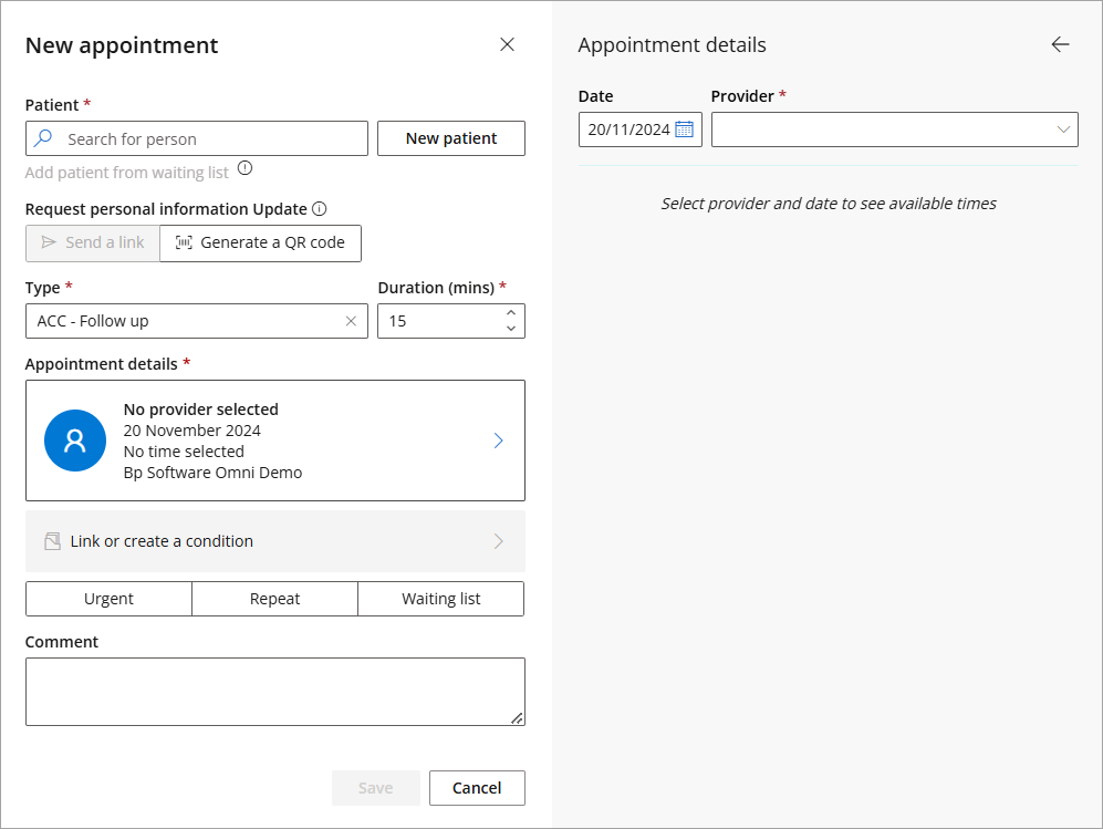 Select a patient, appointment type, link or create a new condition for the patient