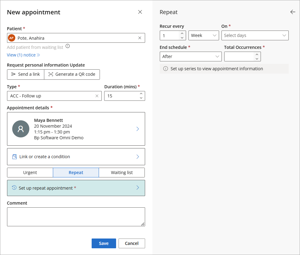 The options for setting up recurring appointments.