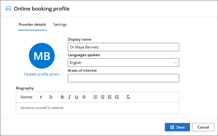 User settings for the online booking profile.