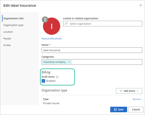 Enable draft items for an organisation when billing.