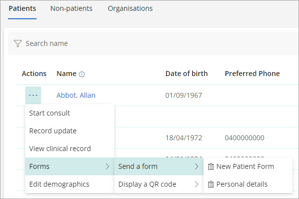 Send a demographic information form by clicking the ellipsis next to a patient or client's name in the people screen and selecting Send a form, then Personal details.