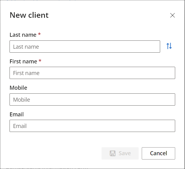 When creating a Patient or Client via the appointment book, you can add their first name, last name, mobile number and email address.